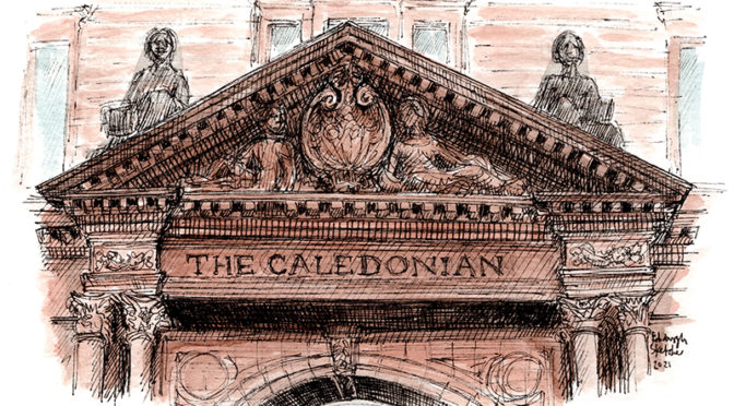 Beautiful red stone pediment above the caledonian